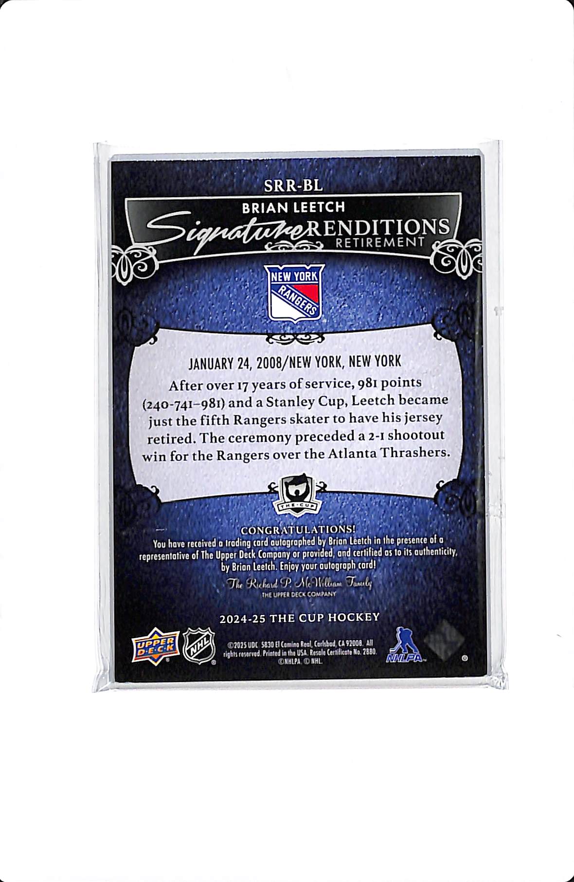 2024-25 UD THE CUP BRIAN LEETCH SIGNATURE RENDITIONS #SRR-BL