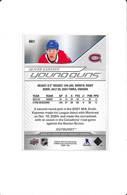 2024-25 UPPER DECK SERIES 2 OLIVER KAPANEN YOUNG GUNS OUTBURST #461