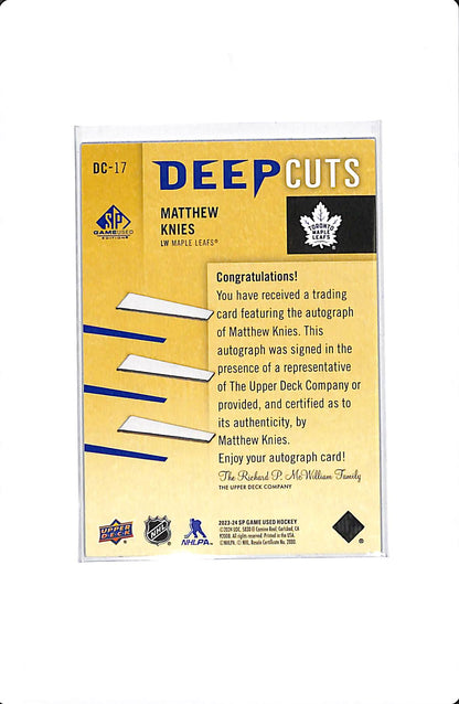 2023-24 SP GAME USED MATTHEW KNIES DEEP CUTS AUTO /75 #DC-17