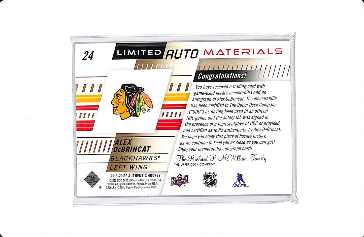 2019-20 UPPER DECK SP AUTHENTIC ALEX DEBRINCAT LIMITED AUTO MATERIALS /50 #24