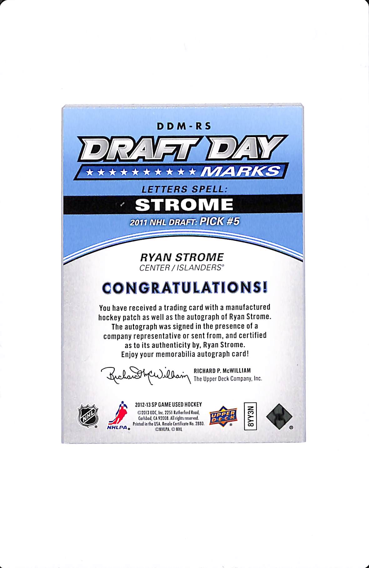 2012-13 UPPER DECK SP GAME USED RYAN STROME DRAFT DAY MARKS /35 #DDM-RS