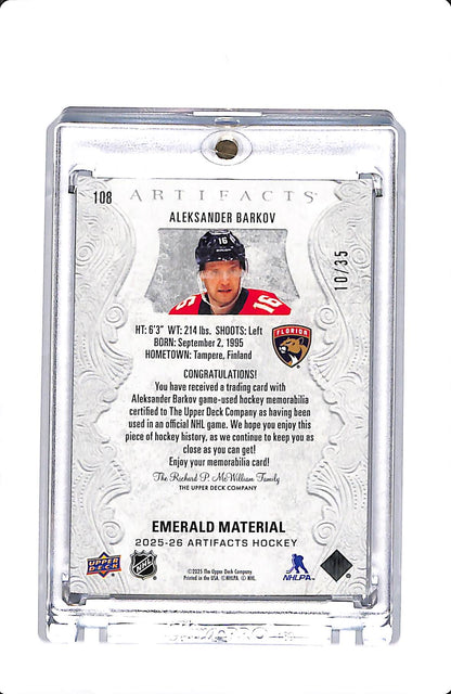 2025-26 UD ARTIFACTS EMERALD MATERIAL ALEKSANDER BARKOV DUAL PATCH 10/35