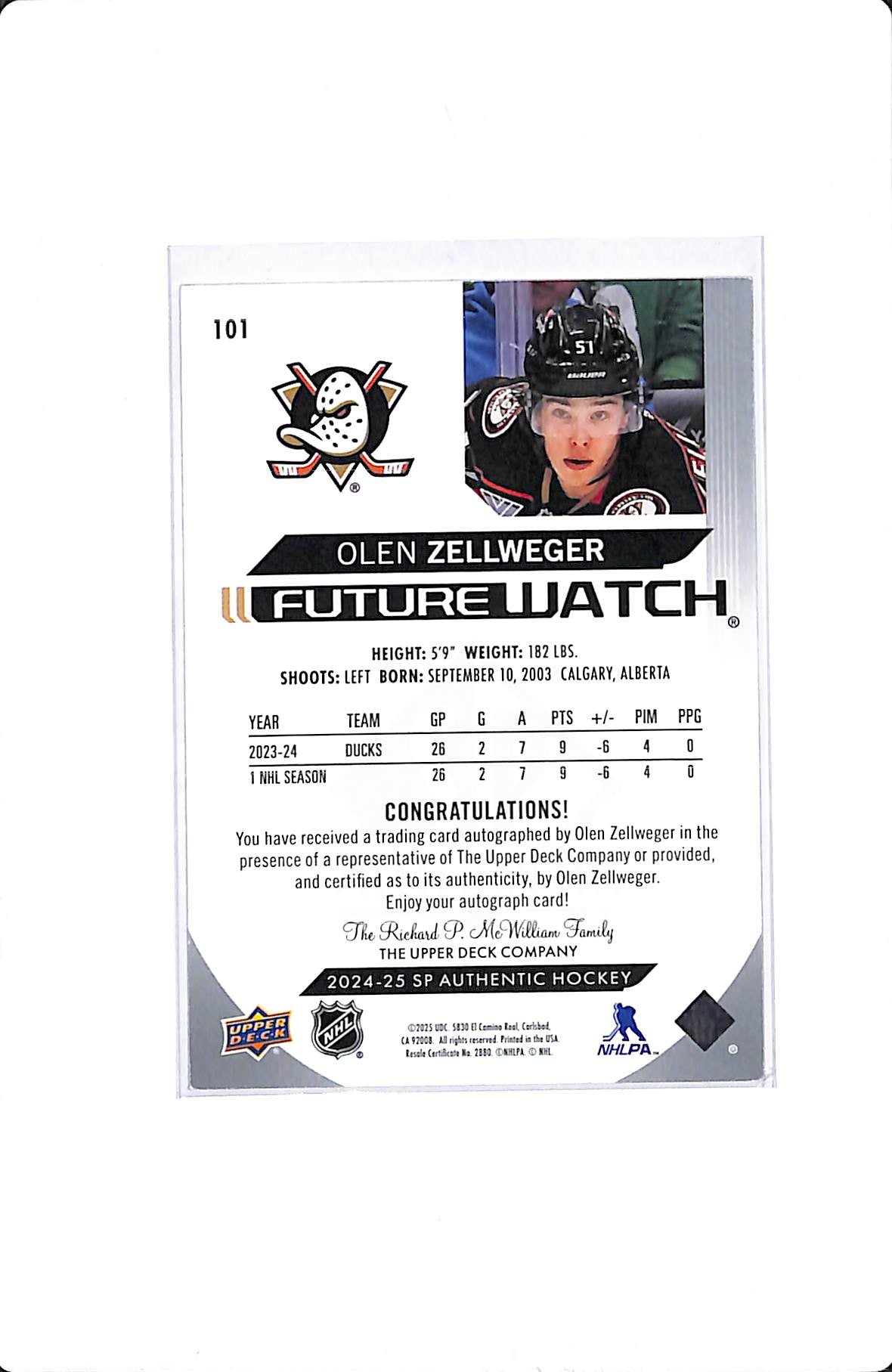 2024-25 UD SP AUTHENTIC OLEN ZELLWEGER FUTURE WATCH AUTO /999 #101