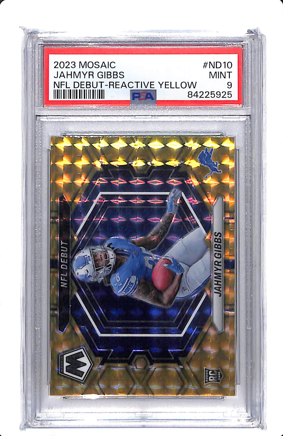 2023 MOSAIC JAHMYR GIBBS NFL DEBUT REACTIVE YELLOW ROOKIE PSA 9 #ND10