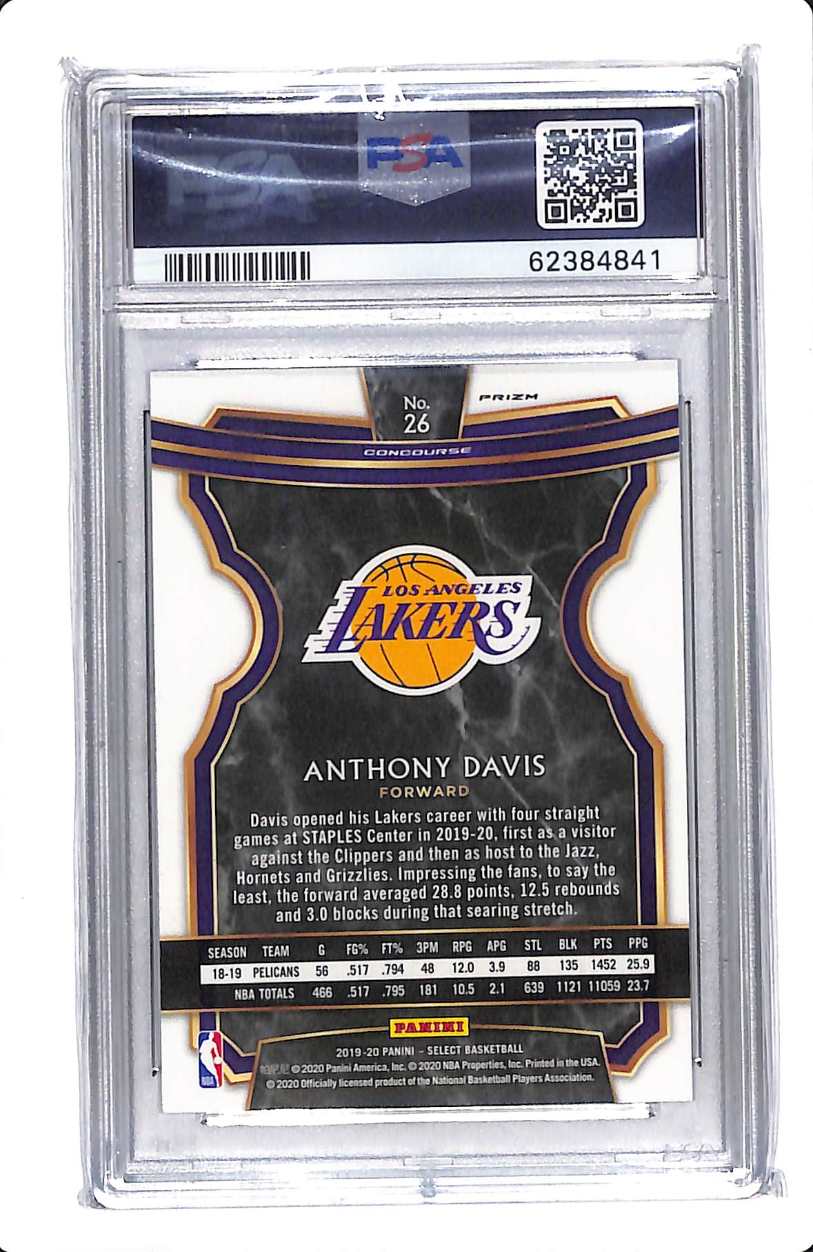 2019 SELECT ANTHONY DAVIS TRI-COLOR PRIZM PSA 10 #26