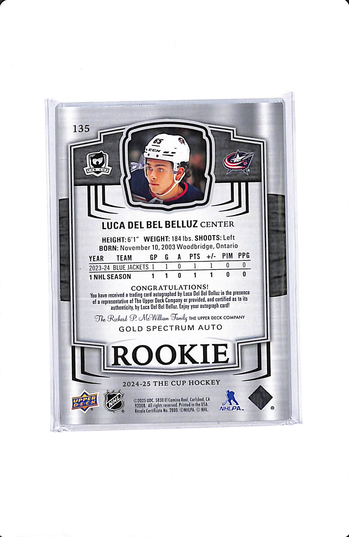 2024-25 UPPER DECK THE CUP LUCA DEL BEL BELLUZ ROOKIE AUTO /36 #135