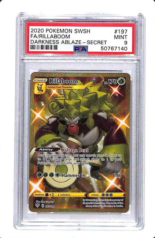 2020 POKEMON SWSH FULL ART RILLABOOM DARKNESS ABLAZE SECRET RARE 197/189 PSA 9