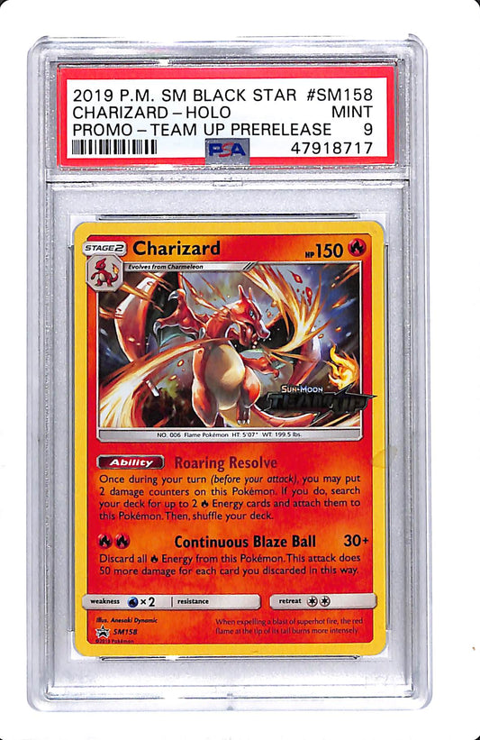 2019 POKEMON S&M BLACK STAR CHARIZARD HOLO PROMO TEAM UP PRERELEASE PSA 9 SM158