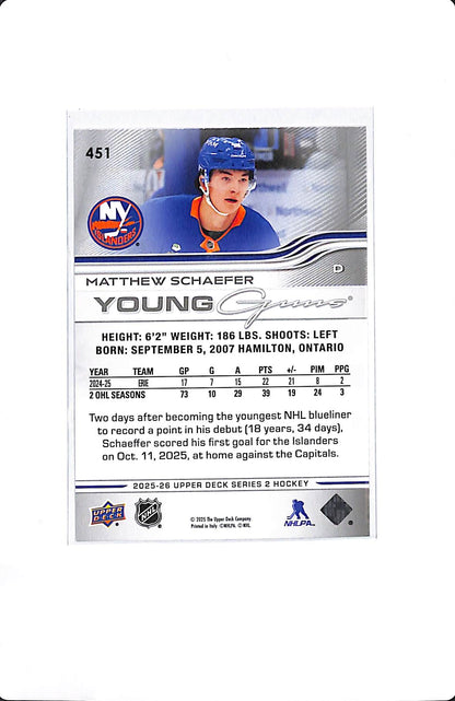2025-26 UPPER DECK SERIES 2 MATTHEW SCHAEFER YOUNG GUNS #451