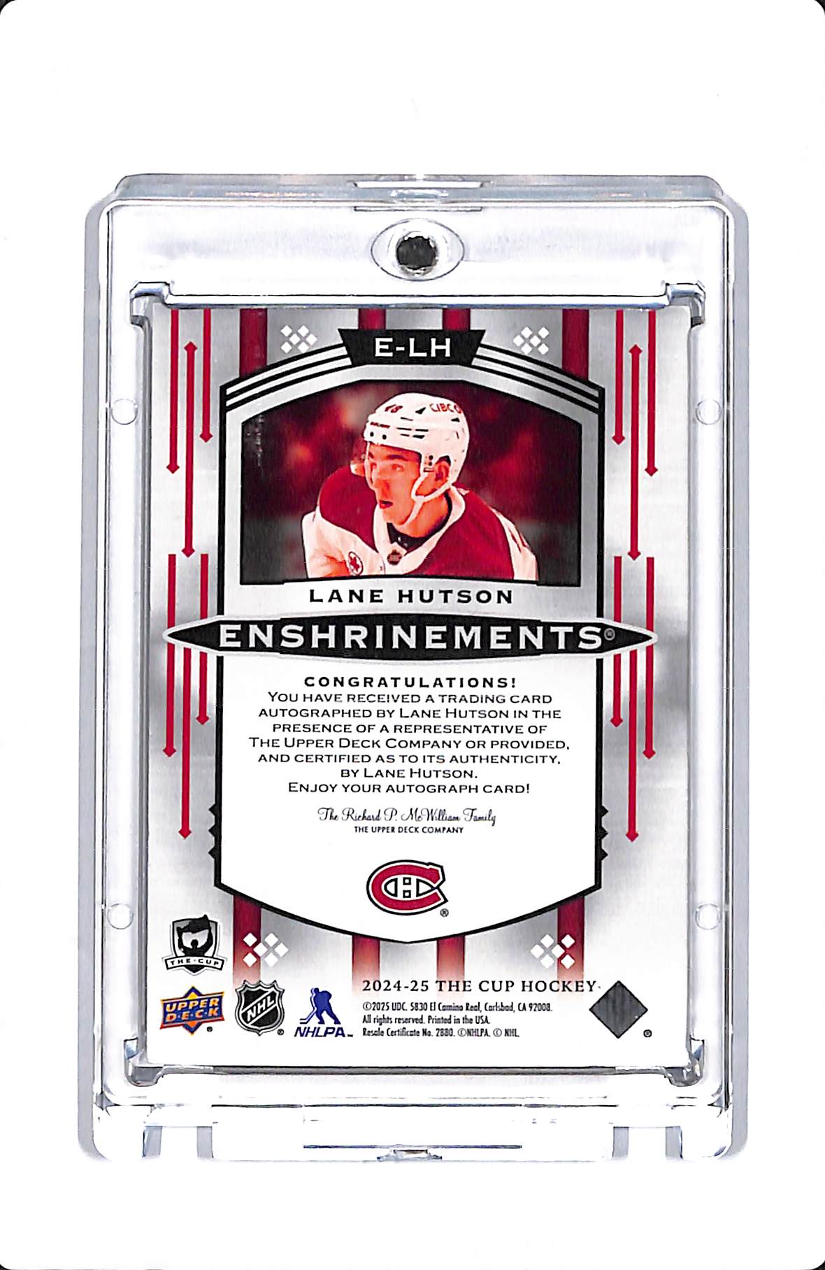 2024-25 UPPER DECK THE CUP LANE HUTSON ENSHRINEMENTS ROOKIE AUTO #E-LH