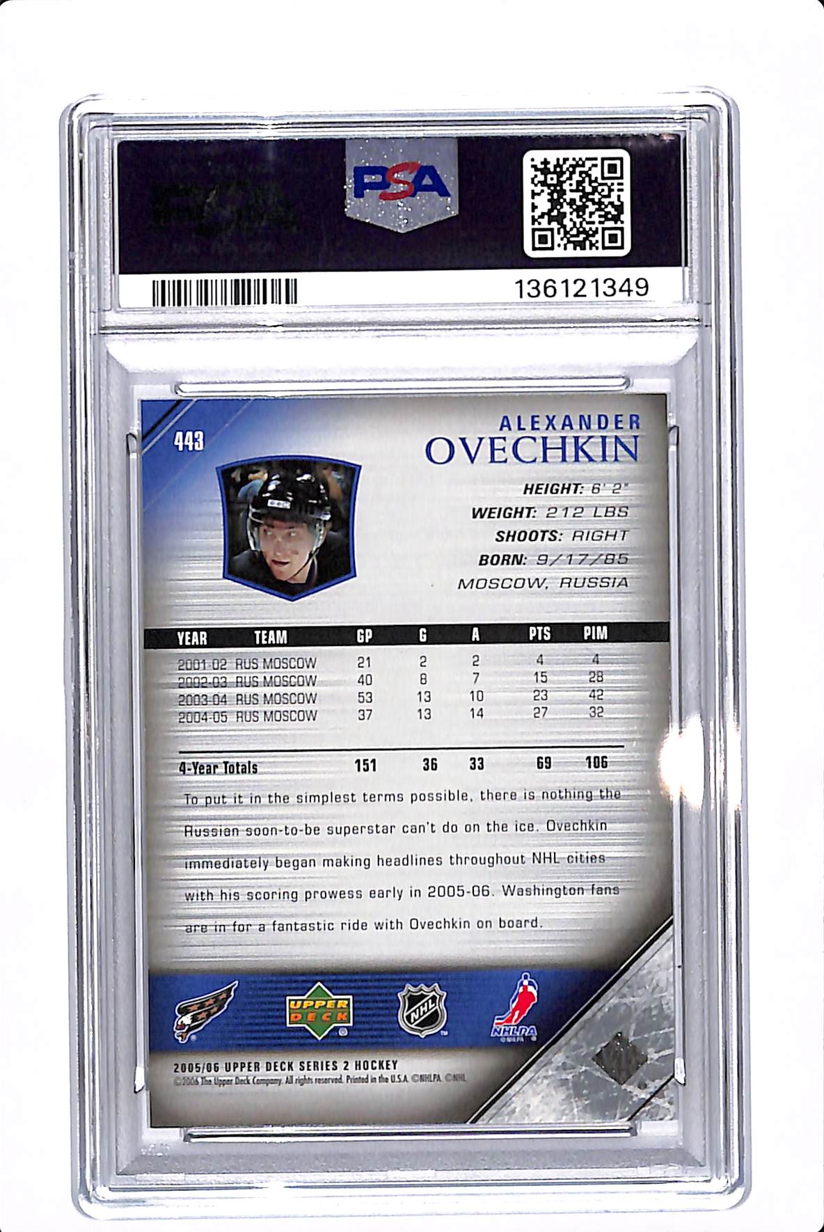 2005 UPPER DECK SERIES 2 ALEXANDER OVECHKIN YOUNG GUNS PSA 8 #443
