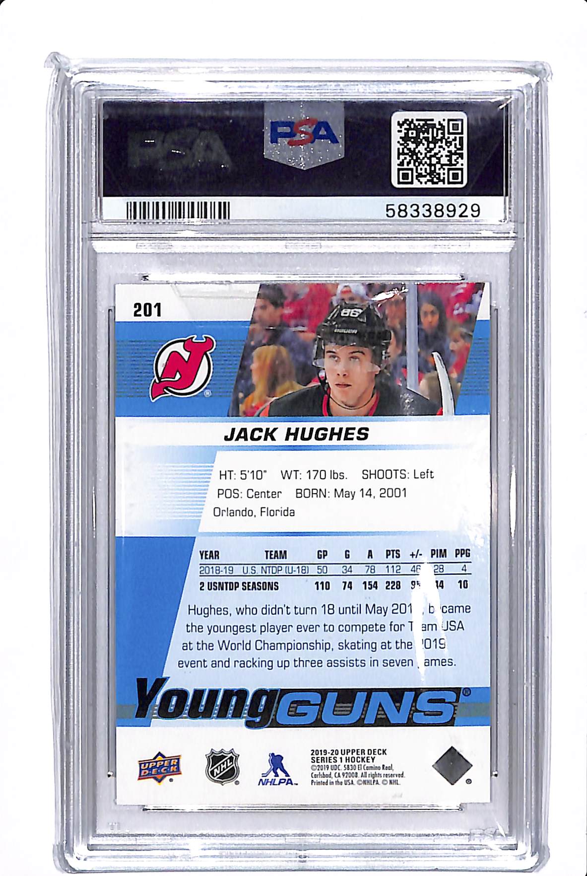 2019-20 UPPER DECK SERIES 1 JACK HUGHES YOUNG GUNS PSA 10 #201