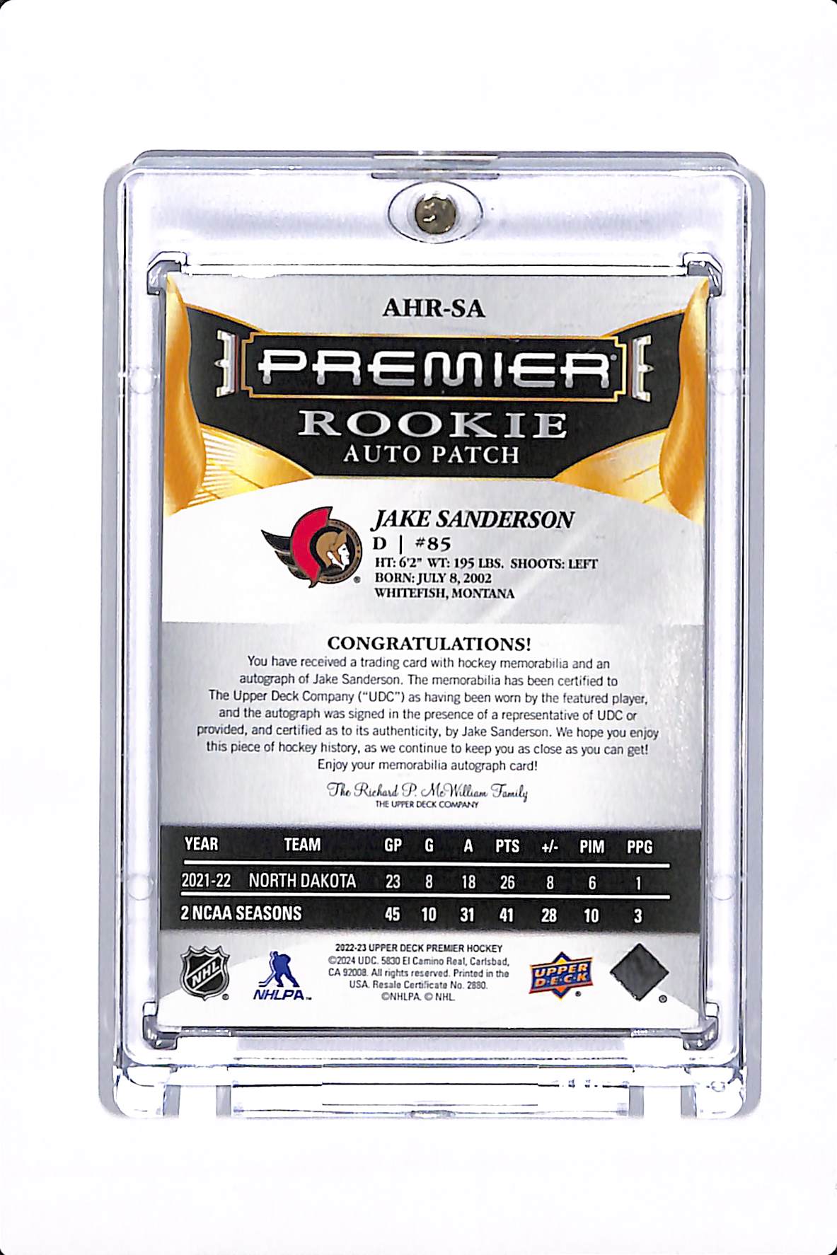 2022-23 UPPER DECK PREMIER JAKE SANDERSON ROOKIE AUTO PATCH /25 #AHR-SA