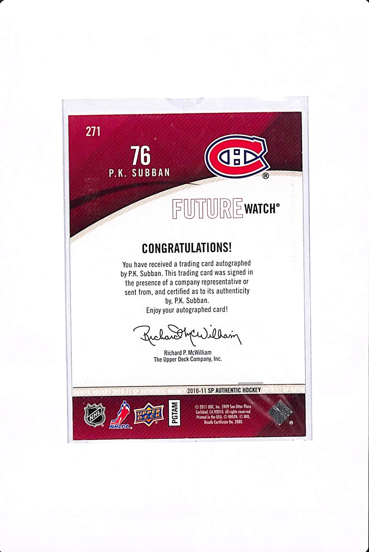 2010-11 UPPER DECK SP AUTHENTIC P.K. SUBBAN FUTURE WATCH AUTO /999