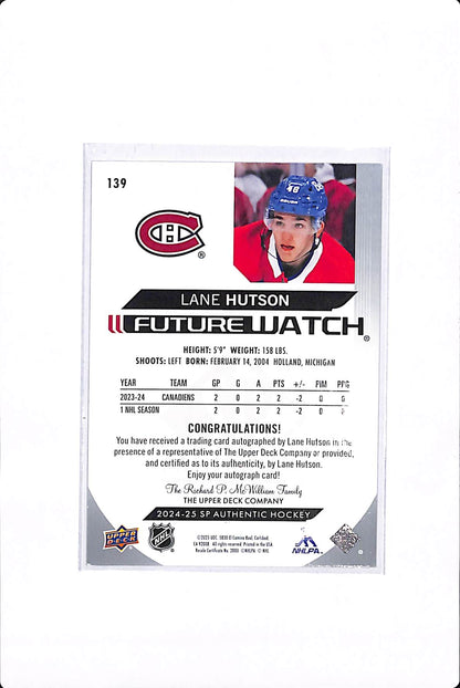 2024-25 UPPER DECK SP AUTHENTIC LANE HUTSON FUTURE WATCH AUT0 /999 #139