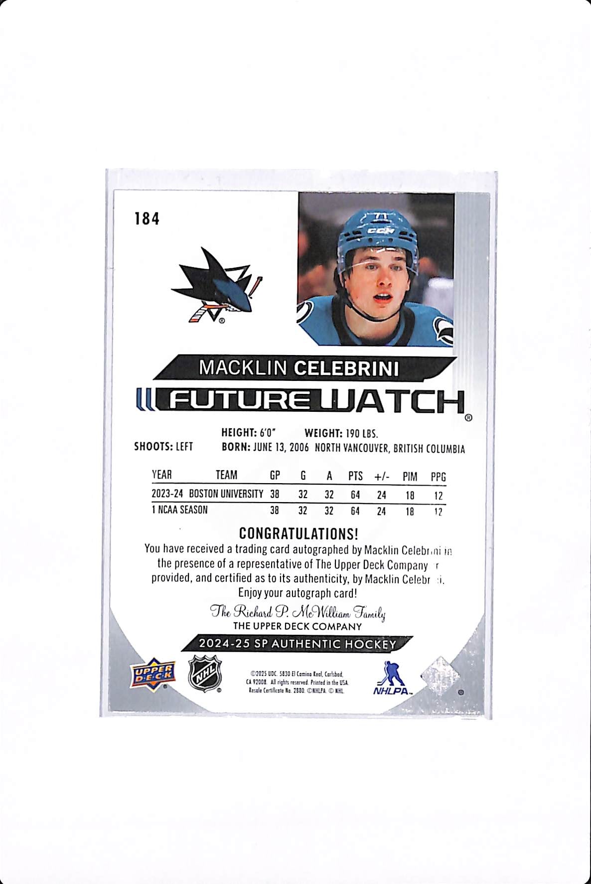 2024-25 UPPER DECK SP AUTHENTIC MACKLIN CELEBRINI FUTURE WATCH AUTO /999 #184