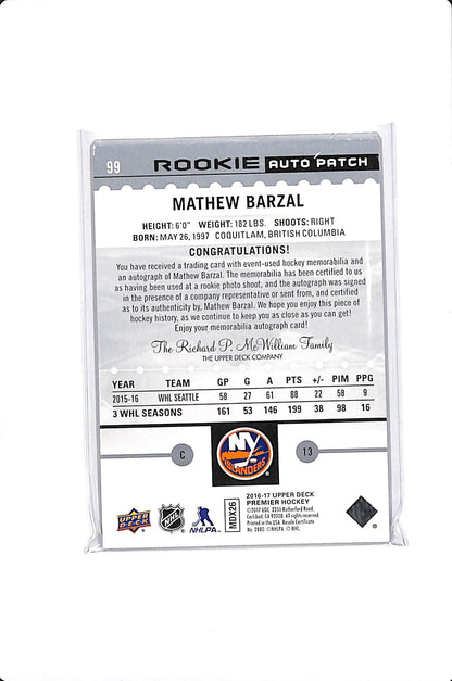 2016-17 UPPER DECK PREMIER MATTHEW BARZAL ROOKIE AUTO PATCH /299 #99