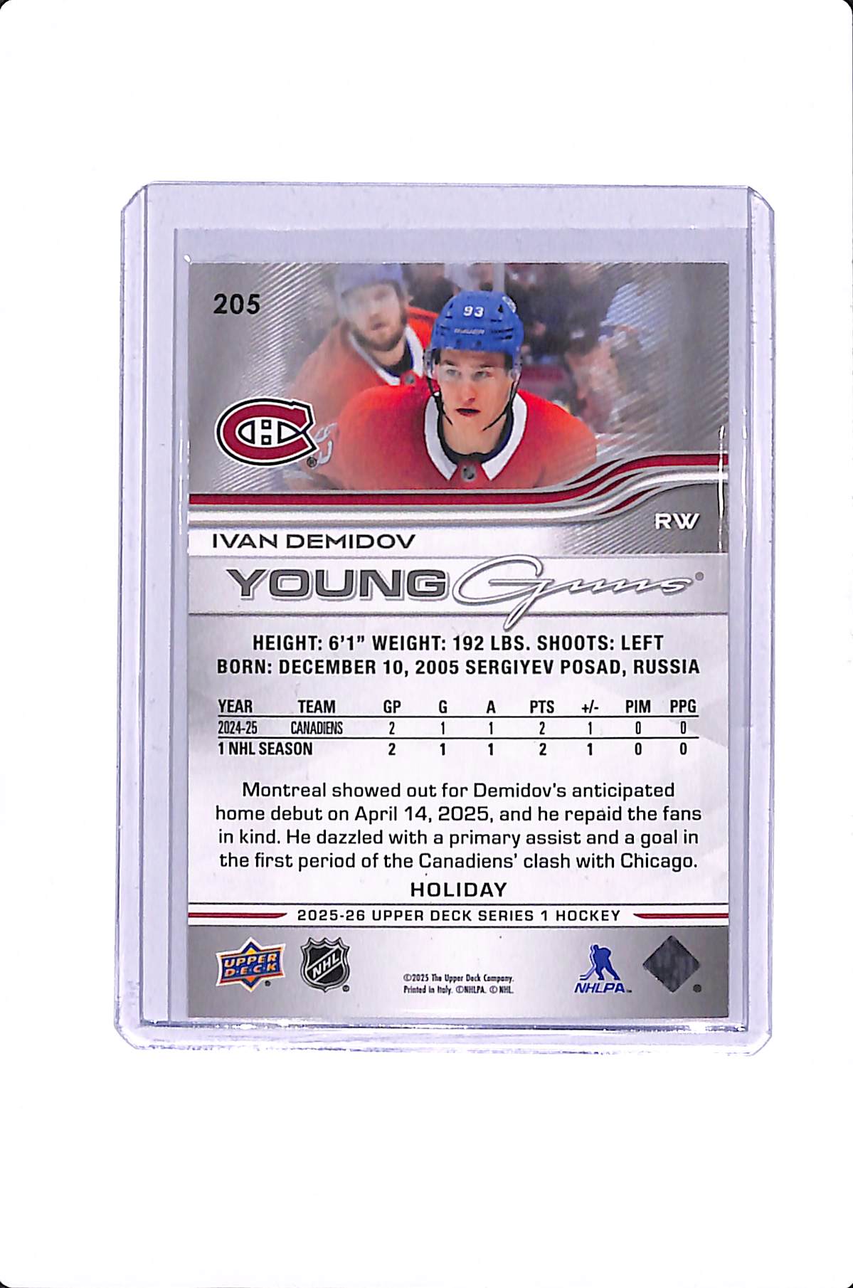 2025-26 UPPER DECK SERIES 1 IVAN DEMIDOV YOUNG GUNS GREEN HOLIDAY FOIL #205