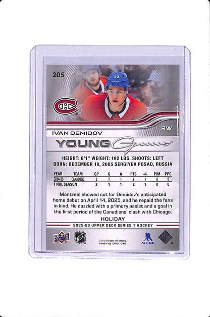 2025-26 UPPER DECK SERIES 1 IVAN DEMIDOV YOUNG GUNS GREEN HOLIDAY FOIL #205