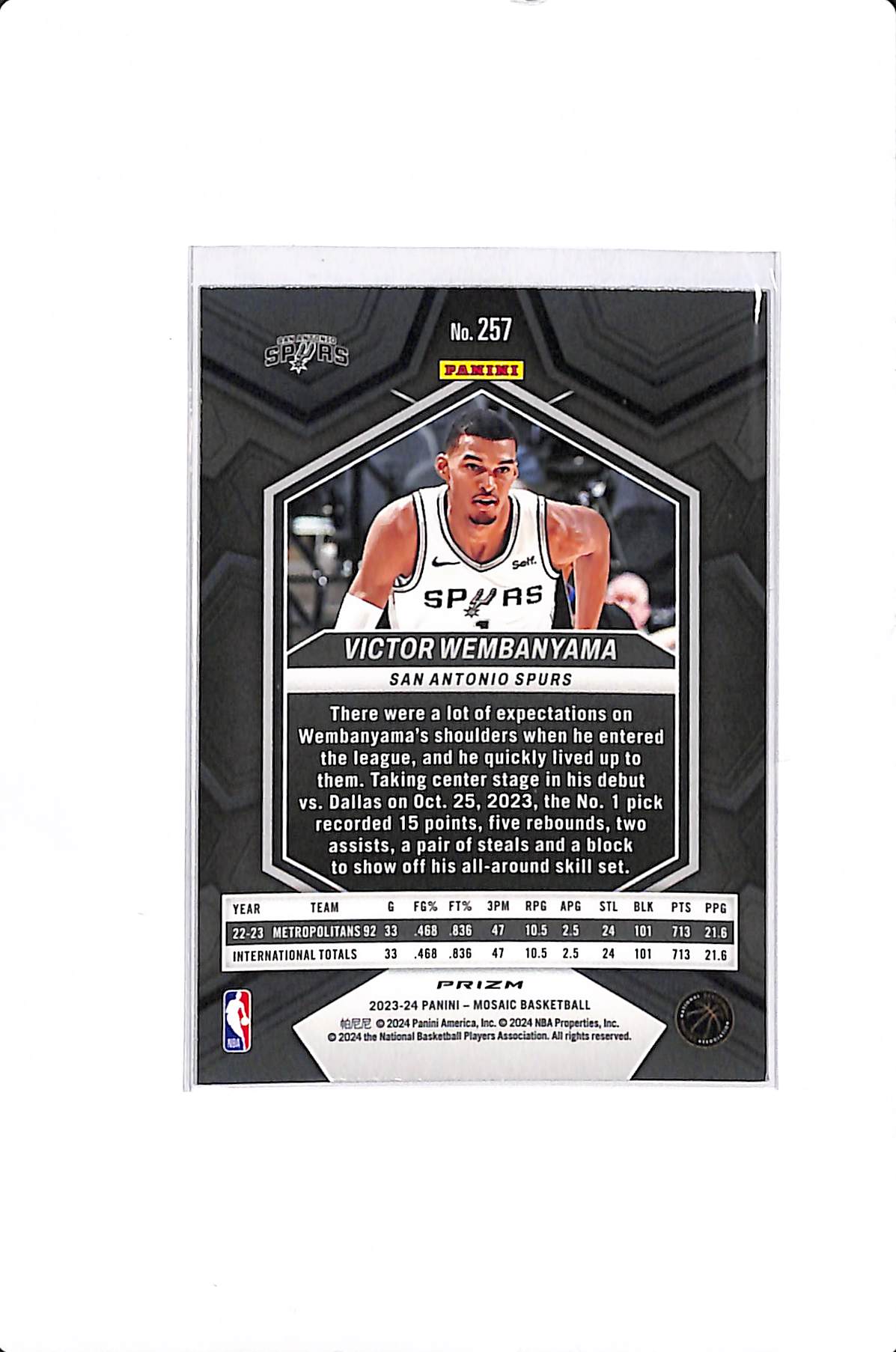 2023-24 PANINI MOSAIC VICTOR WEMBANYAMA NBA DEBUT REACTIVE BLUE RC #257