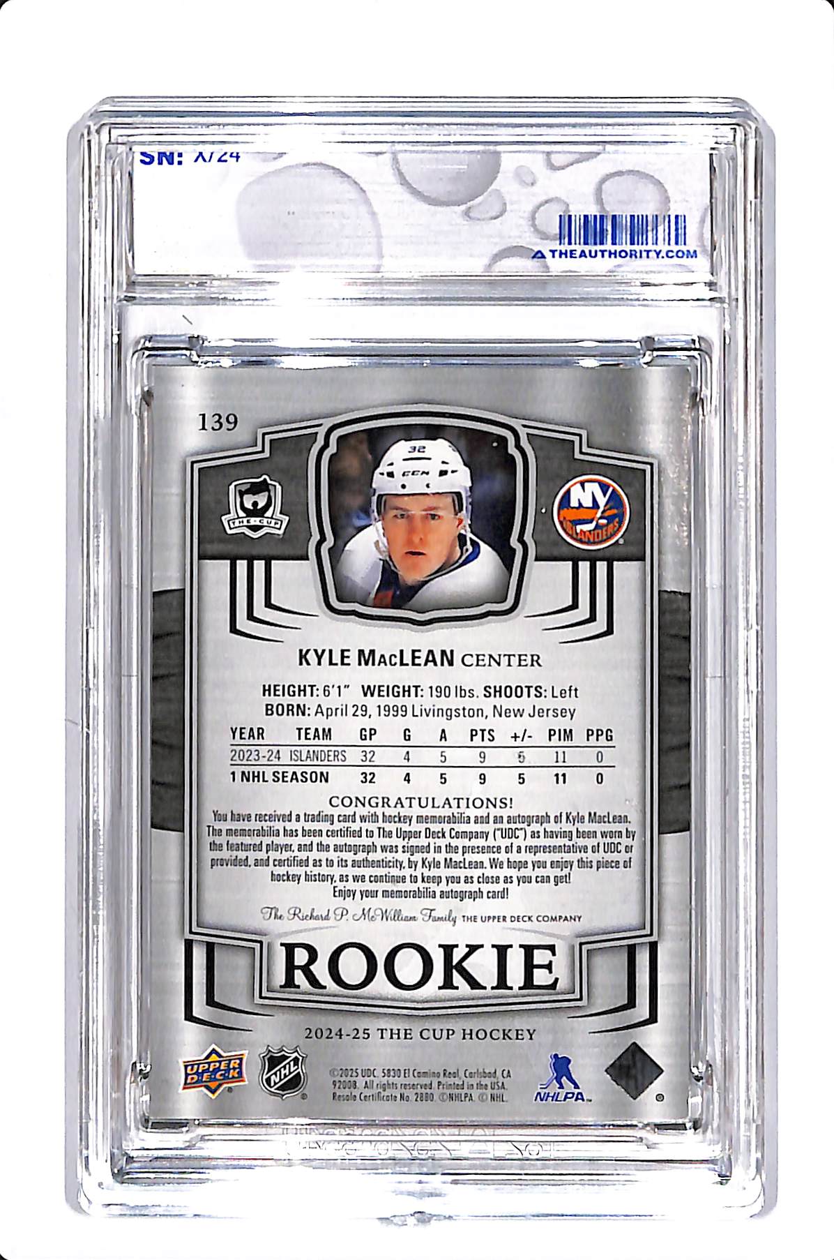 2024-25 UPPER DECK THE CUP KYLE MACLEAN ROOKIE AUTO PATCH /24 #139