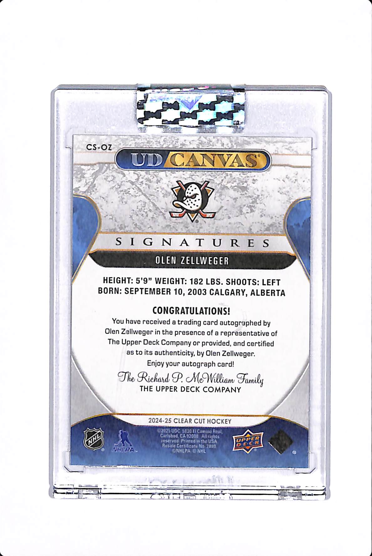 2024-25 UPPER DECK CLEAR CUT OLEN ZELLWEGER UD CANVAS ROOKIE AUTO #CS-OZ