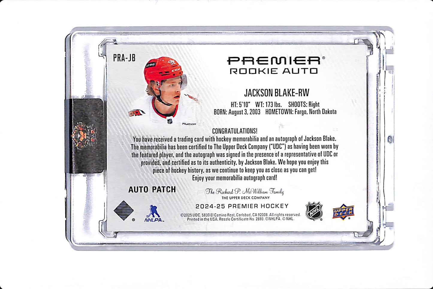 2024-25 UPPER DECK PREMIER JACKSON BLAKE ROOKIE AUTO /15 #PRA-JB