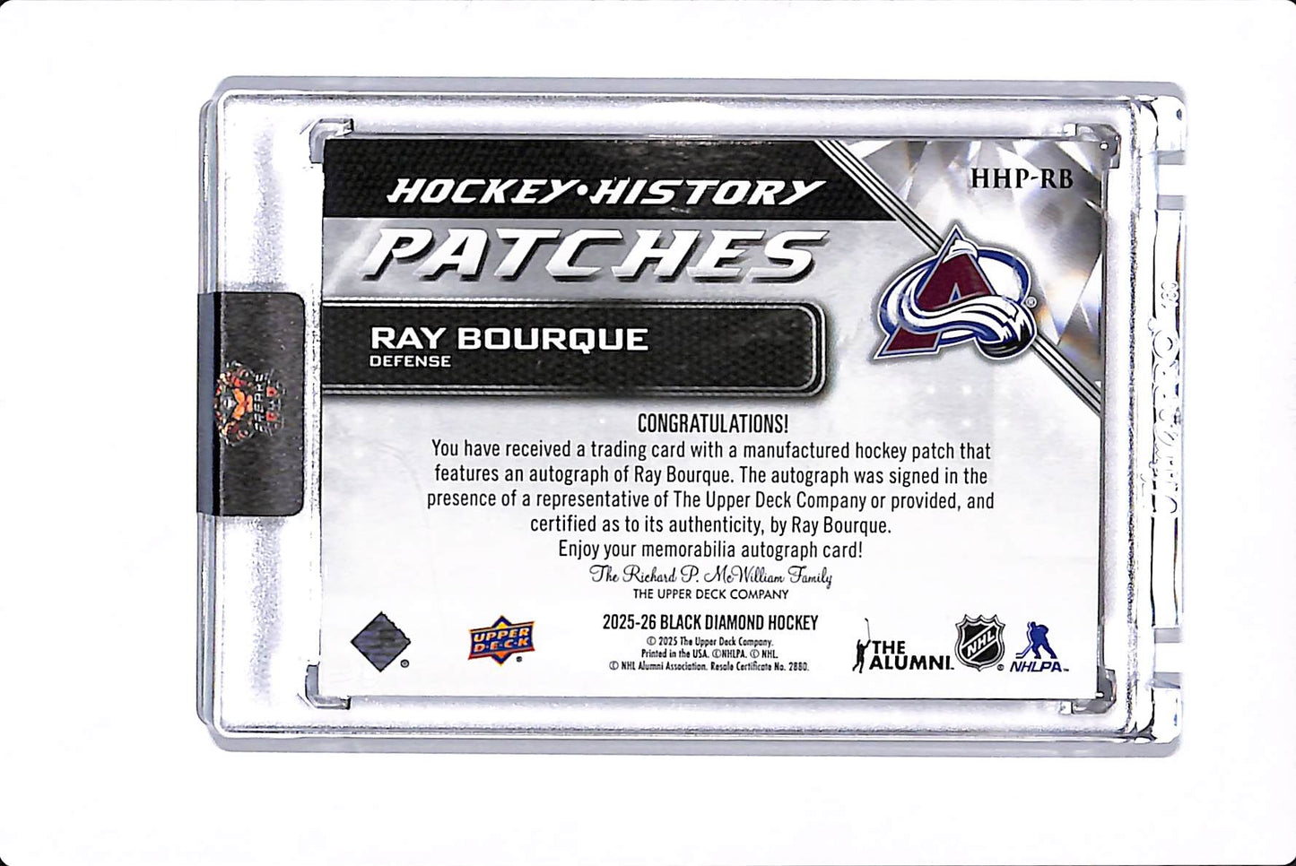 2025-26 UPPER DECK BLACK DIAMOND RAY BOURQUE HOCKEY HISTORY PATCHES AUTO /25 #HHP-RB