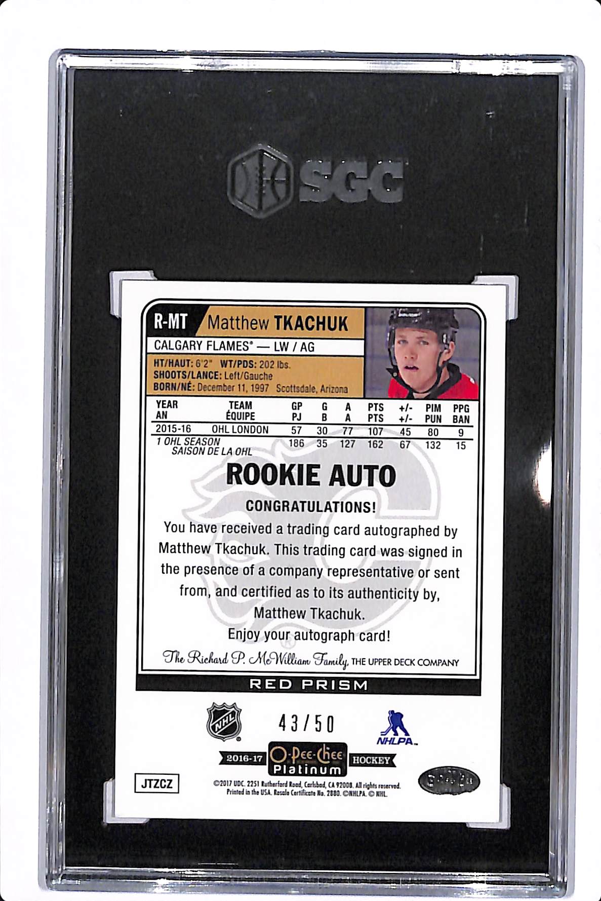 2016-17 O-PEE-CHEE PLATINUM MATTHEW THACHUK ROOKIE AUTO RED PRISM /50 SGC 9 #R-MT