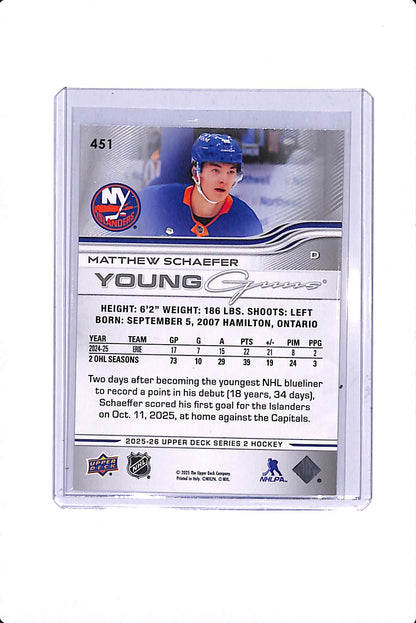 2025-26 UPPER DECK SERIES 2 MATTHEW SCHAEFER YOUNG GUNS #451