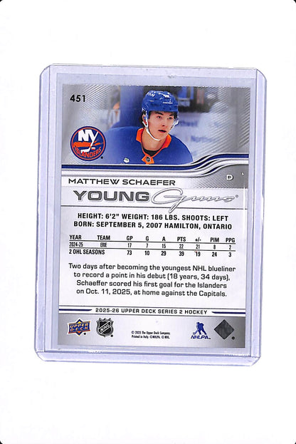 2025-26 UPPER DECK SERIES 2 MATTHEW SCHAEFFER YOUNG GUNS #451
