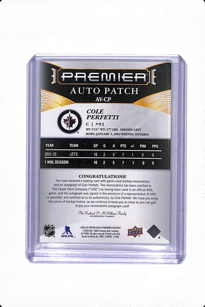 2022-23 UPPER DECK PREMIER COLE PERFETTI AUTO PATCH /35 #AV-CP