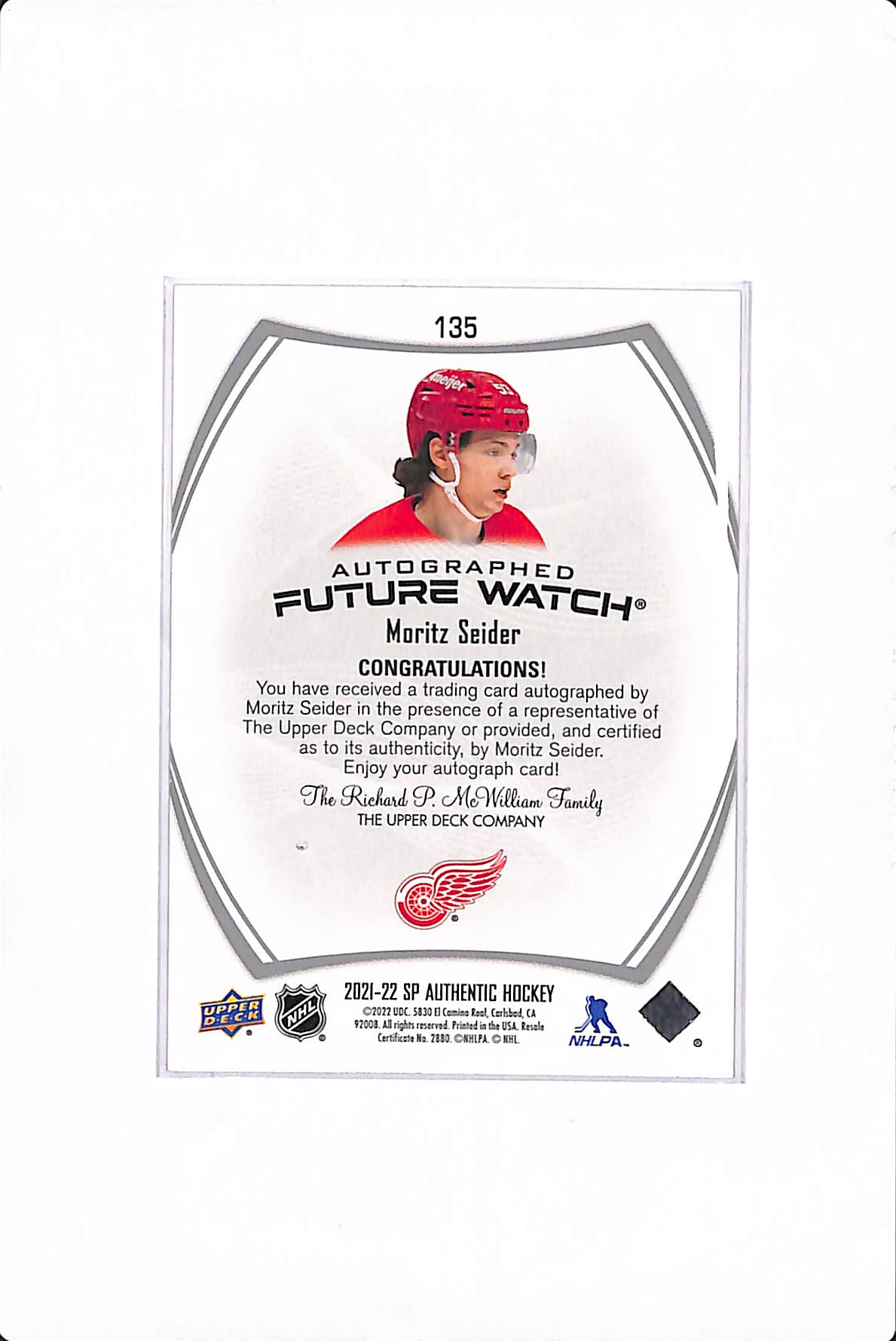 2021-22 UPPER DECK SP AUTHENTIC MORITZ SEIDER FUTURE WATCH AUTO /999 #135