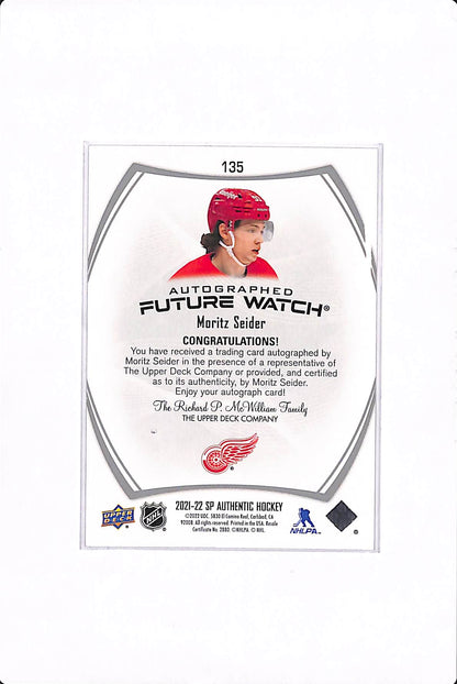 2021-22 UPPER DECK SP AUTHENTIC MORITZ SEIDER FUTURE WATCH AUTO /999 #135