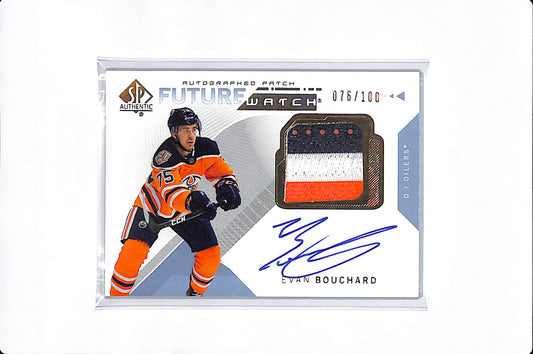 2018-19 UPPER DECK SP AUTHENTIC EVAN BOUCHARD FUTURE WATCH PATCH AUTO /100 #199