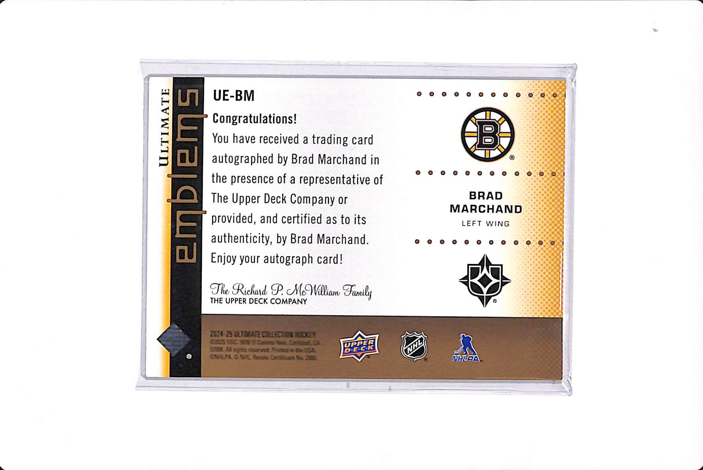 2024-25 UPPER DECK ULTIMATE BRAD MARCHAND ULTIMATE EMBLEMS /25 #UE-BM