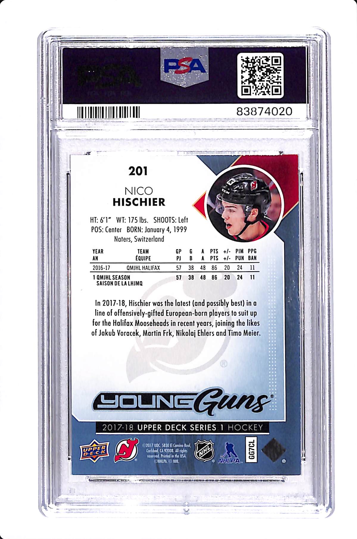 2017-18 UPPER DECK SERIES 1 NICO HISCHIER GUNS PSA 9 #201