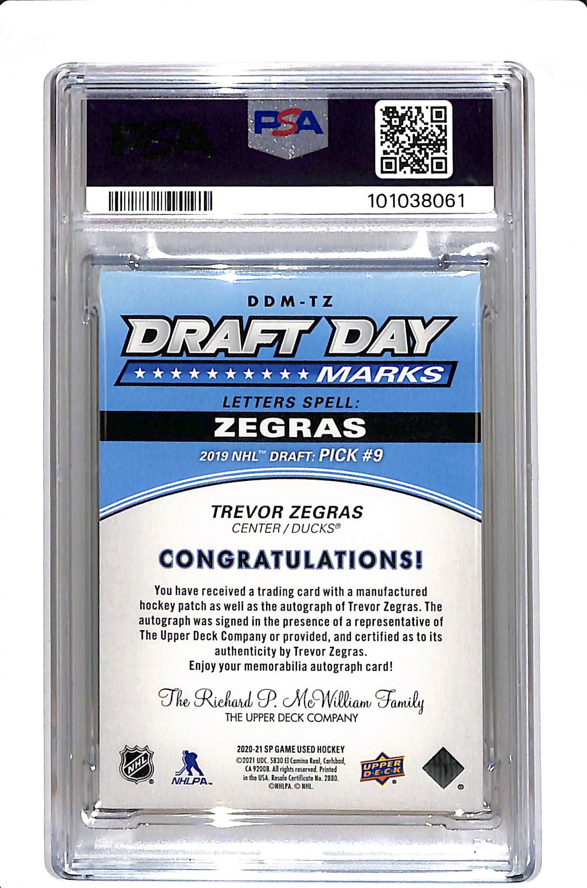 2020 UPPER DECK SP GAME USED TREVOR ZEGRAS DRAFT DAY MARKS "S" /35 PSA 9 AUTO 8