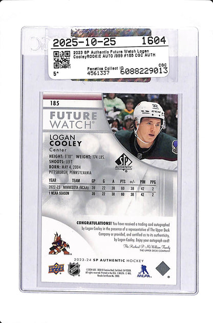 2023 UD SP AUTHENTIC LOGAN COOLEY FUTURE WATCH AUTO RC 315/999 #185 CGC AUTHENTIC