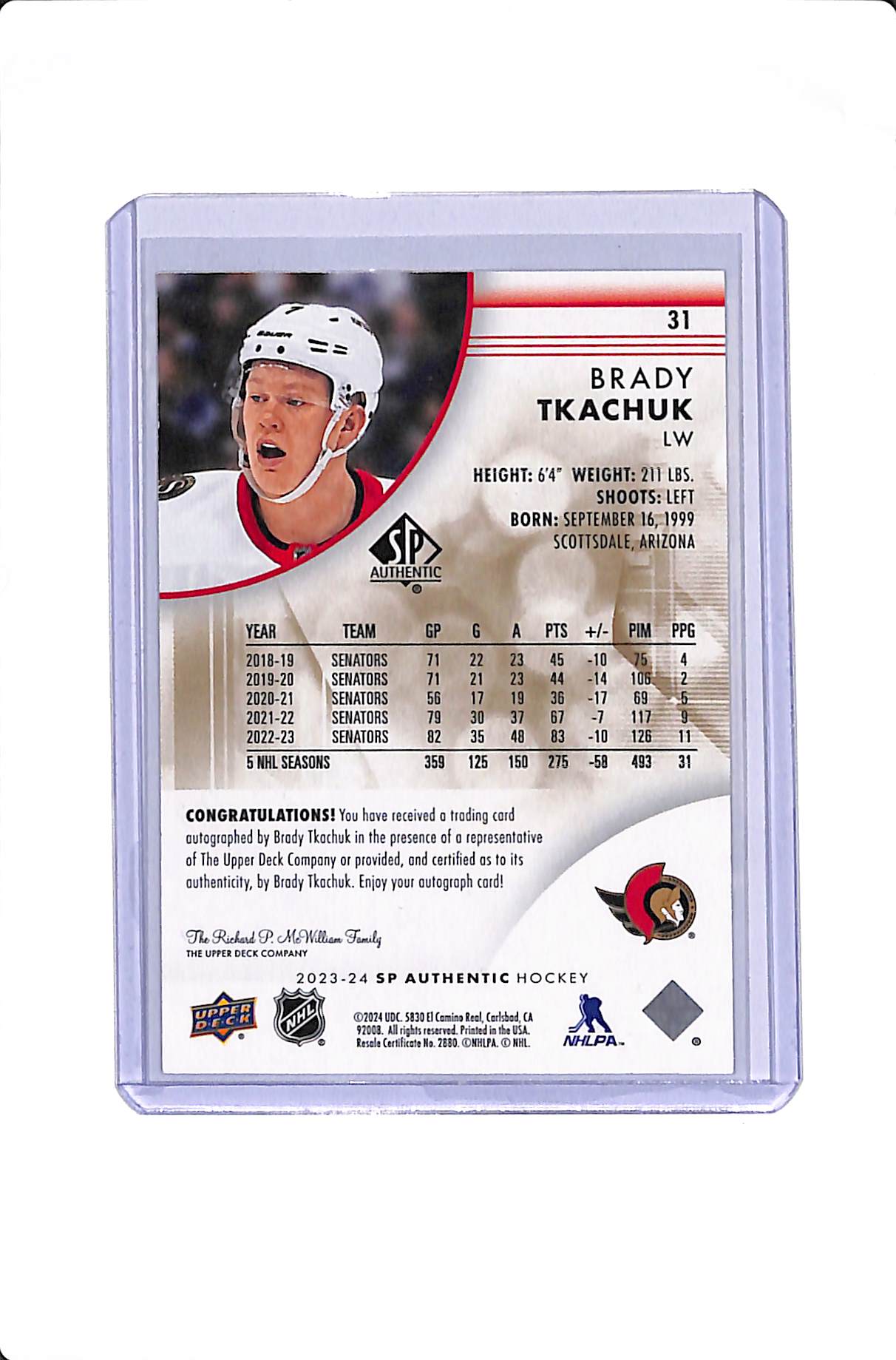 2023-24 UPPER DECK SP AUTHENTIC BRADY TKACHUK LIMITED AUTO GOLD INK #31