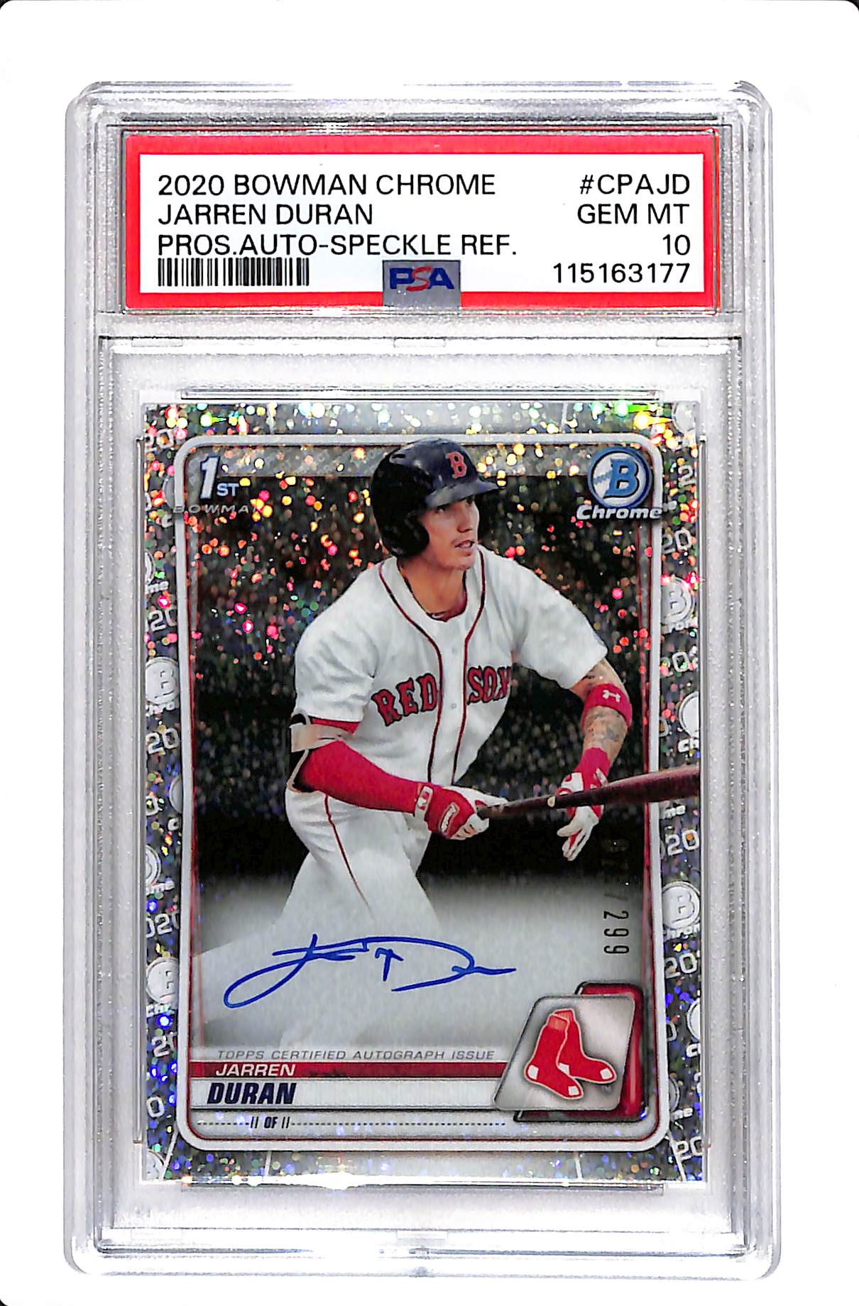 2020 BOWMAN CHROME JARREN DURAN SPECKLE REFRACTOR AUTO 075/299 PSA 10 #CPAJD