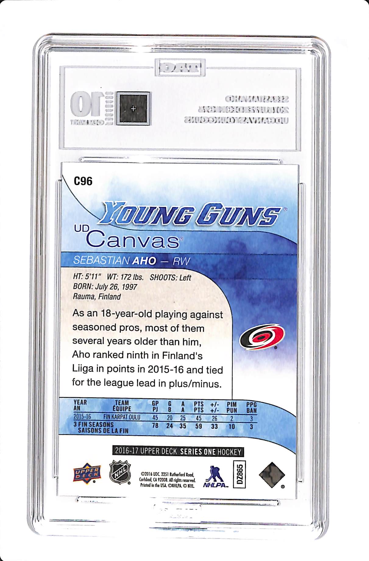 2016 UPPER DECK SEBASTIAN AHO UD CANVAS YOUNG GUNS TAG 10 #C96