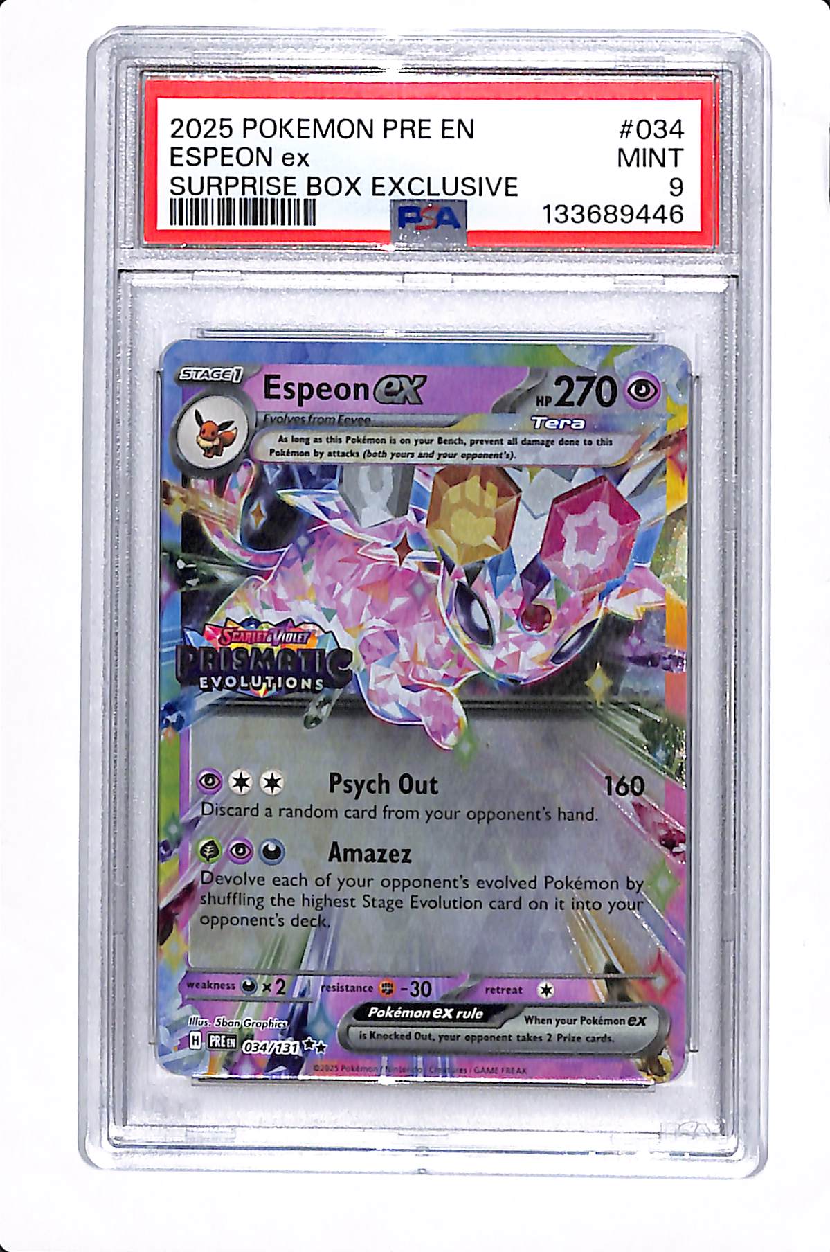 2025 POKEMON PRISMATIC EVOLUTIONS EN ESPEON EX SURPRISE BOX EXCLUSIVE PSA 9 #034