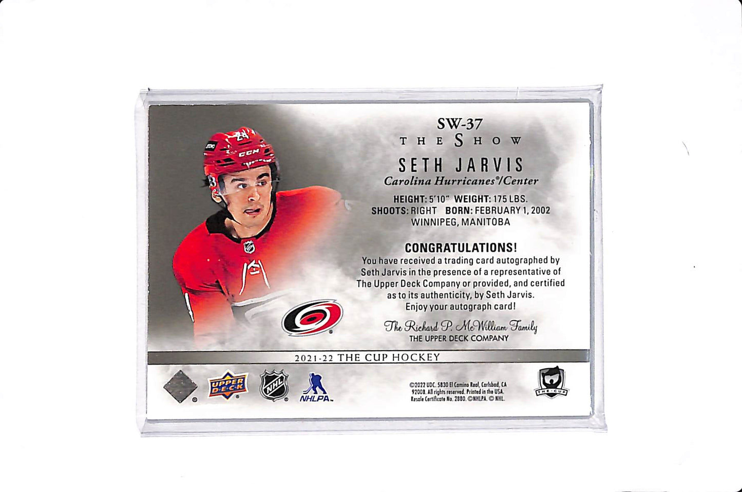 2021-22 THE CUP SETH JARVIS THE SHOW AUTO #SW-37