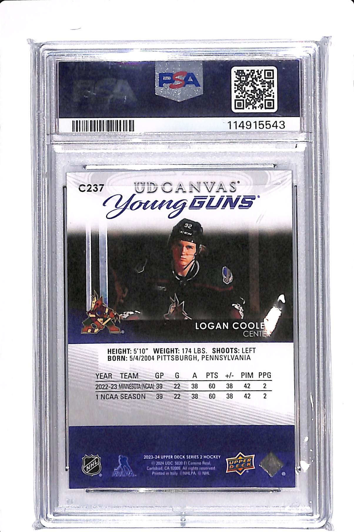 2023-24 UPPER DECK SERIES 2 LOGAN COOLEY YOUNG GUNS CANVAS PSA 10 #C237