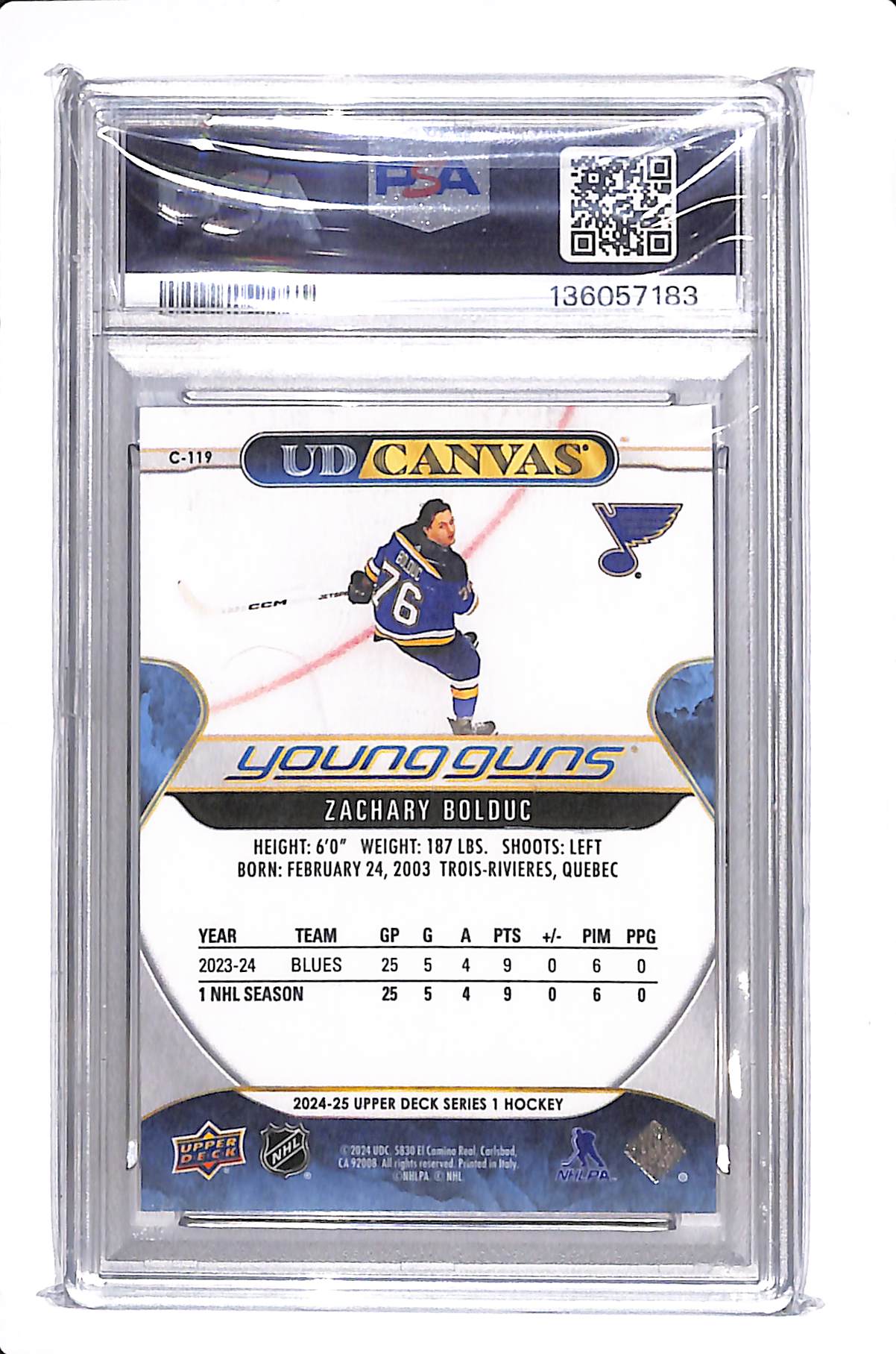 2024-25 UPPER DECK SERIES 1 ZACHARY BOLDUC YOUNG GUNS CANVAS PSA 10 #C119