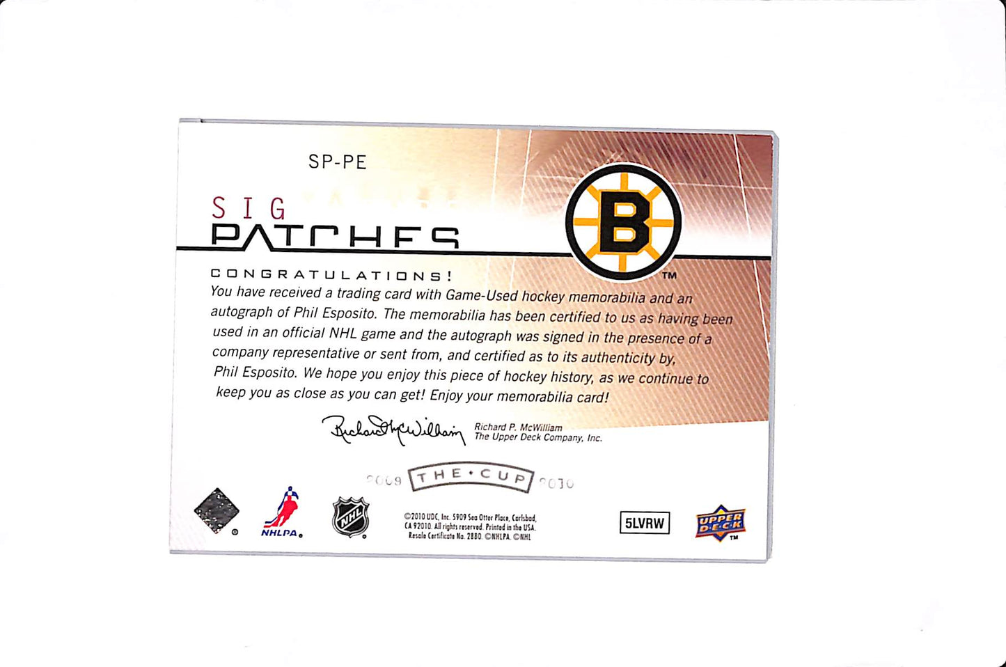 2009-10 THE CUP PHIL ESPOSITO SIGNATURE PATCHES /25 #SP-PE