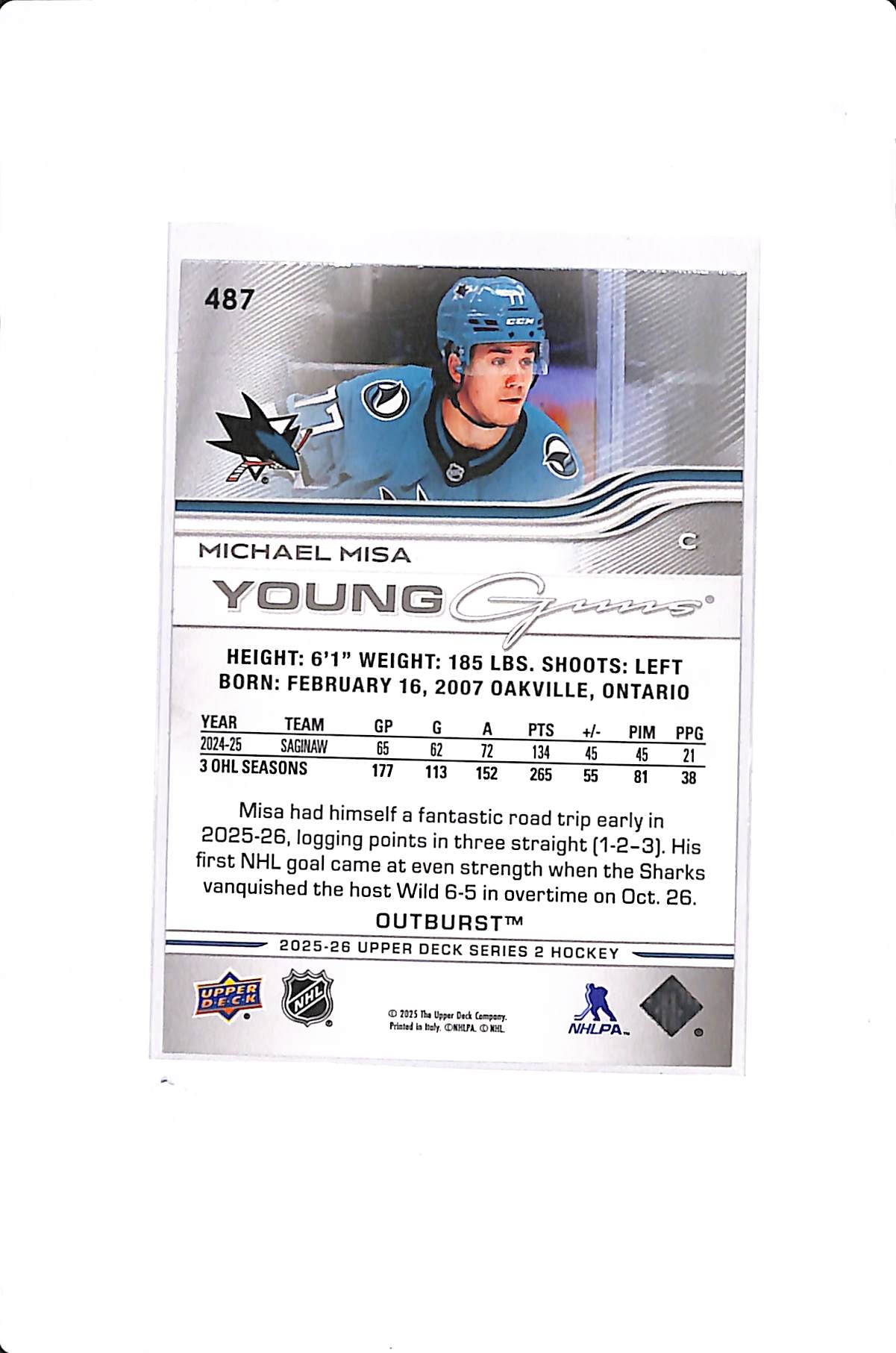 2025-26 UPPER DECK SERIES 2 MICHAEL MISA YOUNG GUNS OUTBURST #487