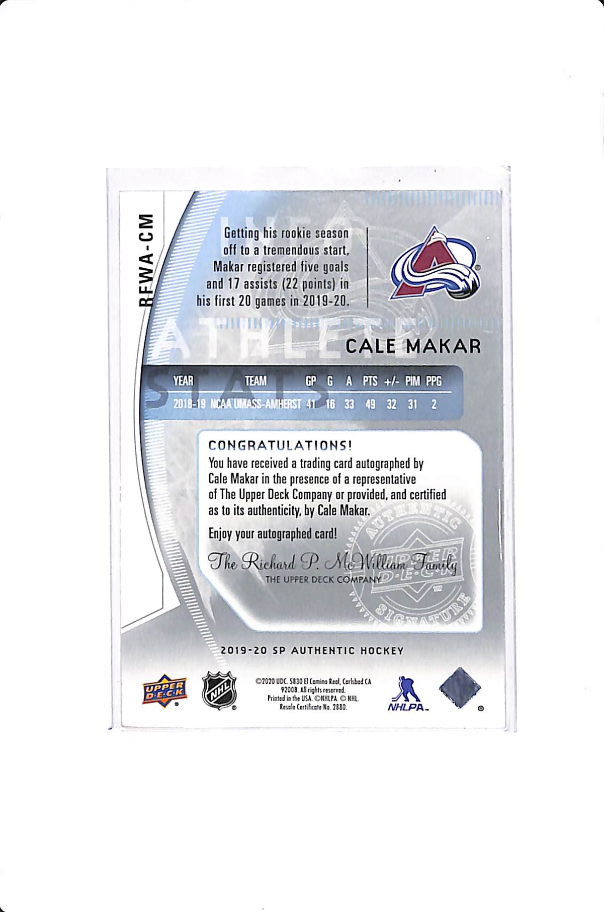 2019-20 UPPER DECK SP AUTHENTIC CALE MAKAR RETRO FUTURE WATCH AUTO /399