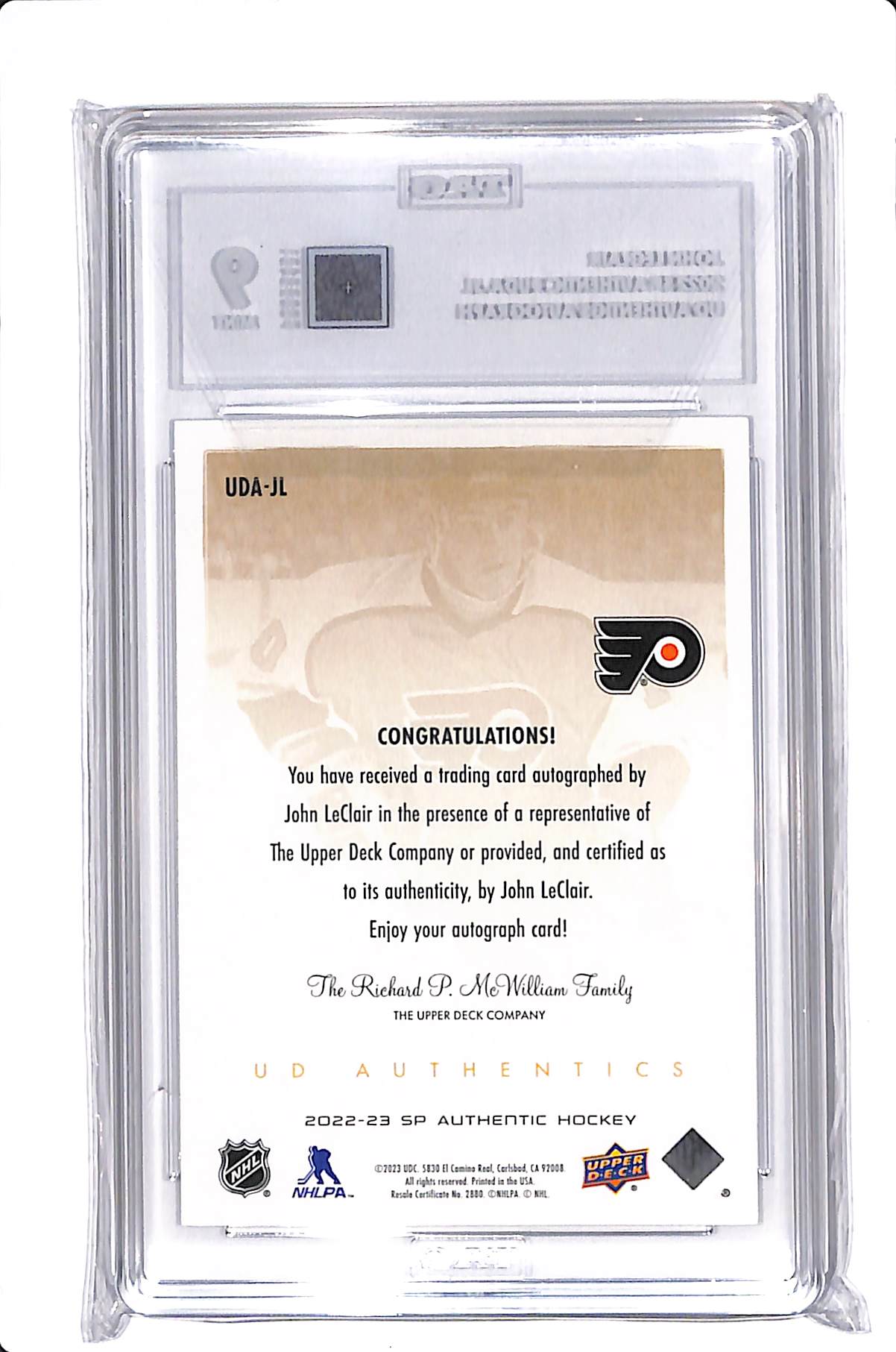 2022-23 UPPER DECK SP AUTHENTIC JOHN LECLAIR UD AUTHENTICS AUTO #UDA-JL TAG 9